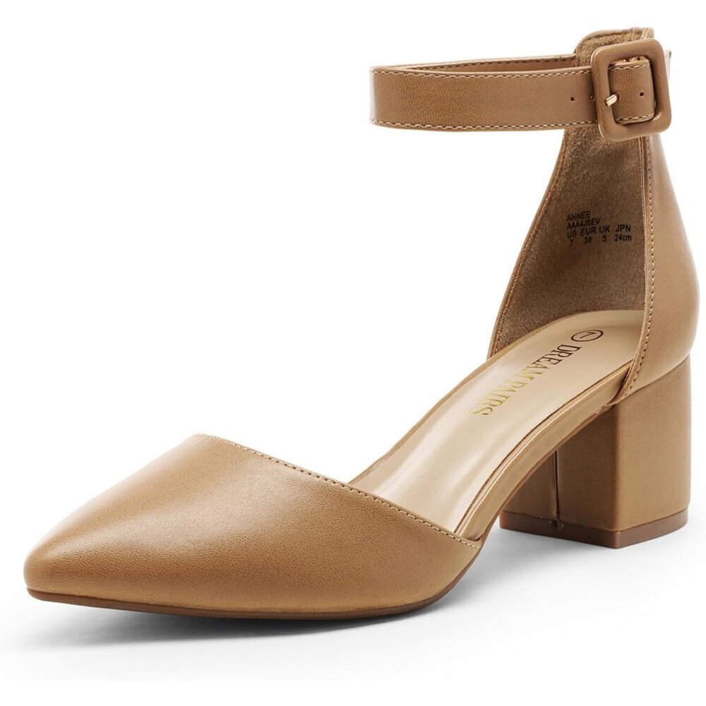 Dream Pairs Women's Nude/Pu Pointed Toe Closed Toe Low Block Ankle Strap Heels